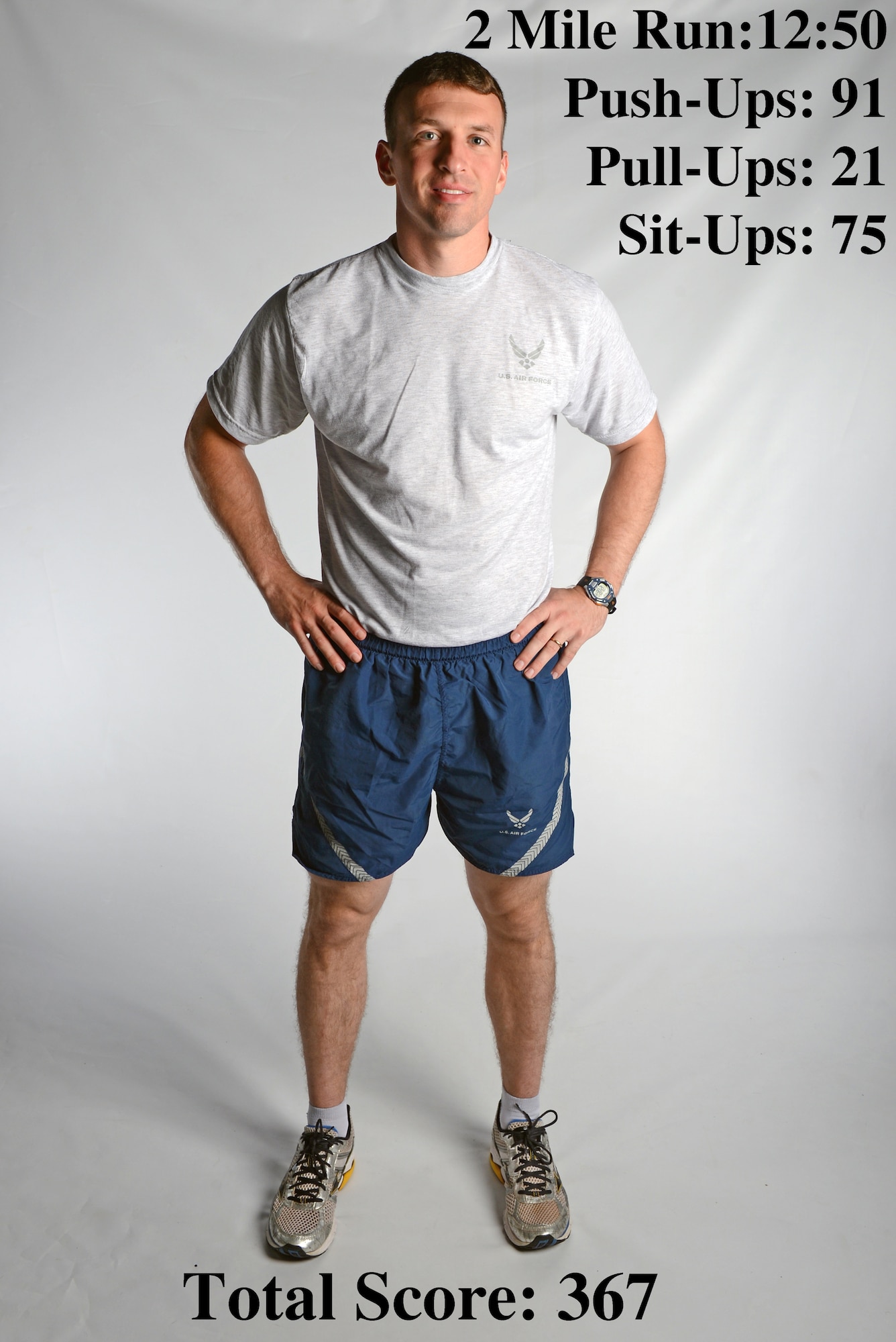 Capt. Shane Praiswater, 20th Bomb Squadron, poses for a photo on Barksdale Air Force Base, La., June 25, 2013. Praiswater was the fourth aviator to successfully complete the 2nd Bomb Wing's Iron Airman Challenge. His name along with three others, will be added to the Iron Airman Board in the 11th Bomb Squadron. (U.S. Air Force illustration/Senior Airman Micaiah Anthony)