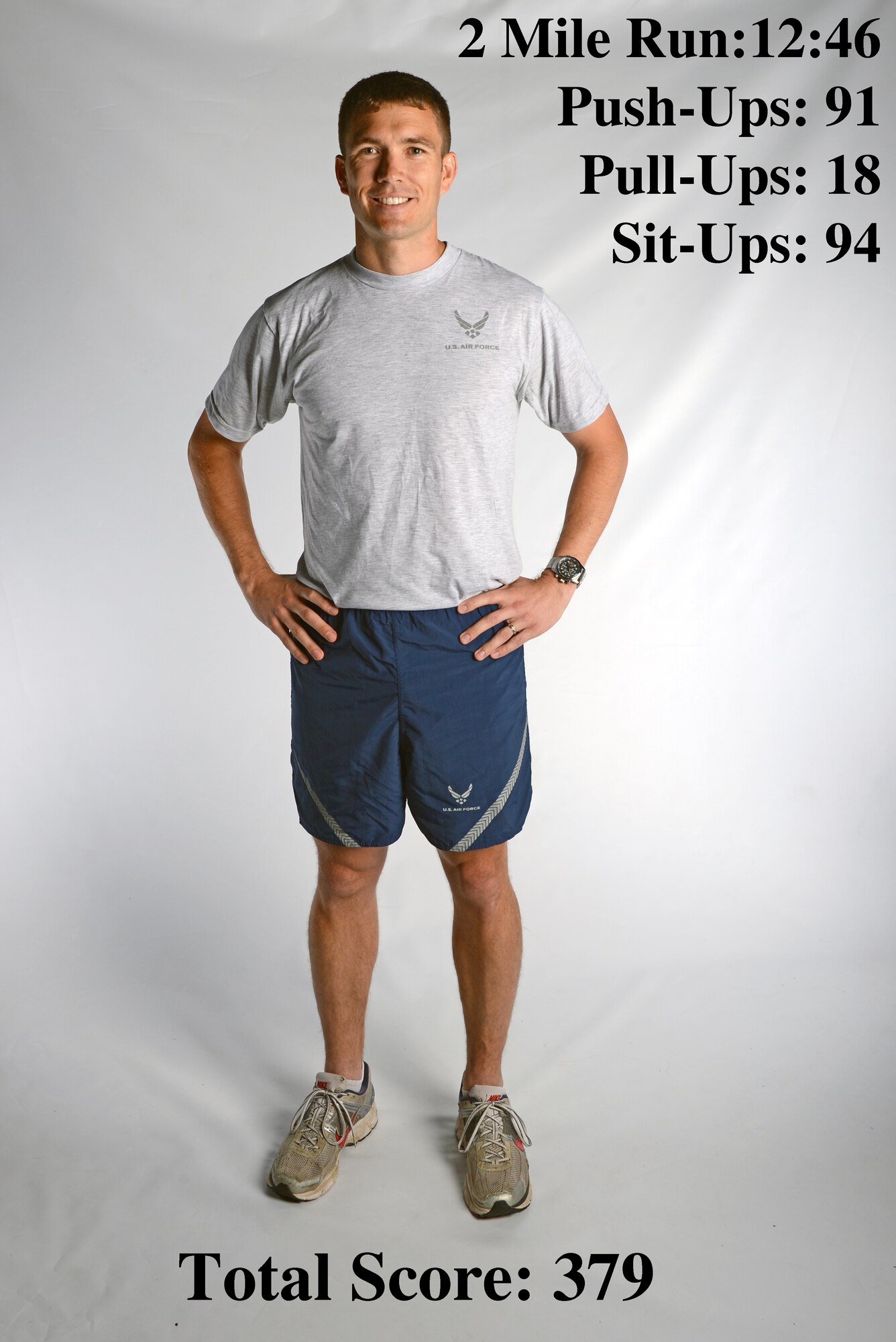 Maj. Warren Carroll, 2nd Bomb Wing Staff, poses for a photo on Barksdale Air Force Base, La., June 25, 2013. Carroll was the first aviator to successfully complete the 2nd Bomb Wing's Iron Airman Challenge.  The challenge consists of a series of exercises that must be completed within 30 minutes. (U.S. Air Force illustration/Senior Airman Micaiah Anthony)  
