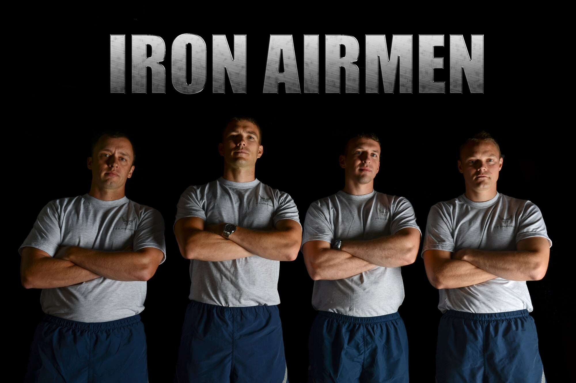 From the left Capt. Richard Sandwick, 2nd Operations Group, Maj. Warren Carroll, 2nd Bomb Wing Staff, Capt. Shane Praiswater, 20th Bomb Squadron and Capt. William Graff, 2nd Bomb Wing Public Affairs Office, pose for a photo on Barksdale Air Force Base, La., June 25, 2013. The four Airmen have successfully completed the Iron Airman Challenge. The purpose of the challenge is to reward and encourage superior fitness by striving for standards above and beyond what is demanded by the Air Force physical fitness test. (U.S. Air Force illustration/Senior Airman Micaiah Anthony)  
