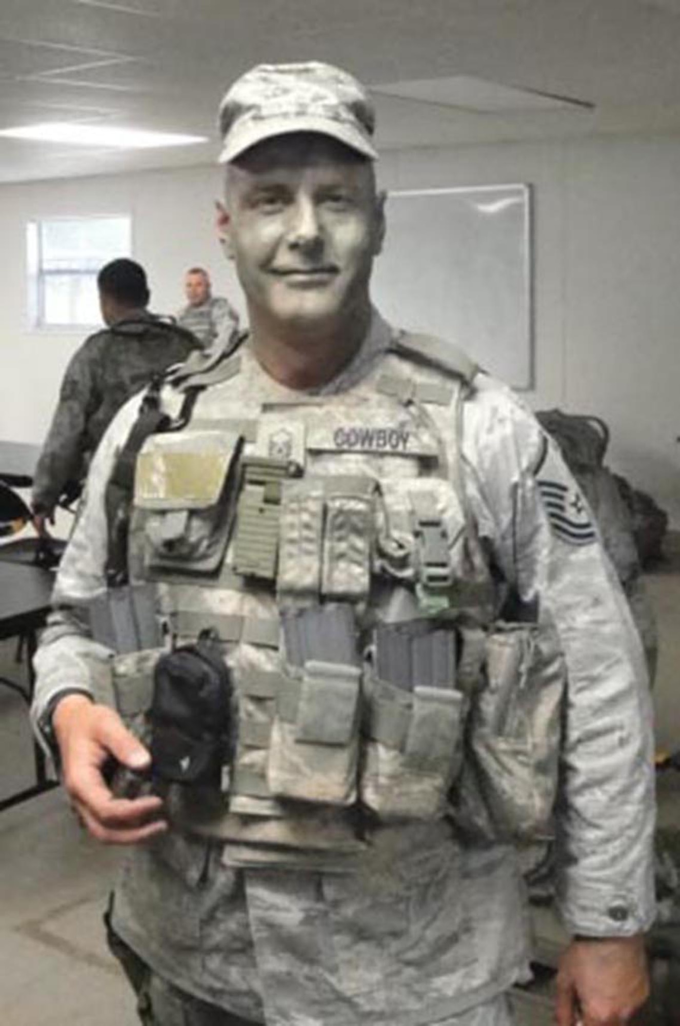 Master Sgt. Michael Pate dresses the part for security forces field training at Patriot Defender, Fort Wolter, Texas,  June 8-23. Pate earned the Lt. Joseph Helton Leadership Award, out the more than 150 training participants. (Courtesy photo)