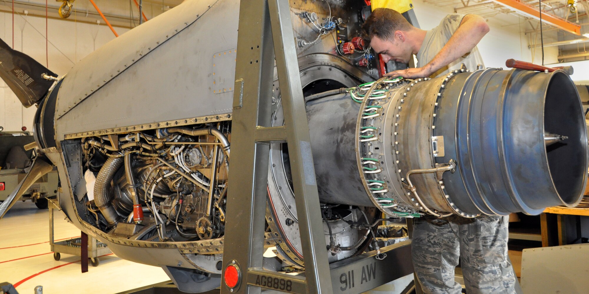 Tech. Sgt. Antonio Policicchio, 911th Maintenance Squadron aerospace propulsion technician, provides preventative maintenance on a C-130 turbine, June 1, 2013, at the Pittsburgh International Airport Air Reserve Station, as part of the isochronal inspection process. (U.S Air Force photo by Senior Airman Joseph E. Bridge)