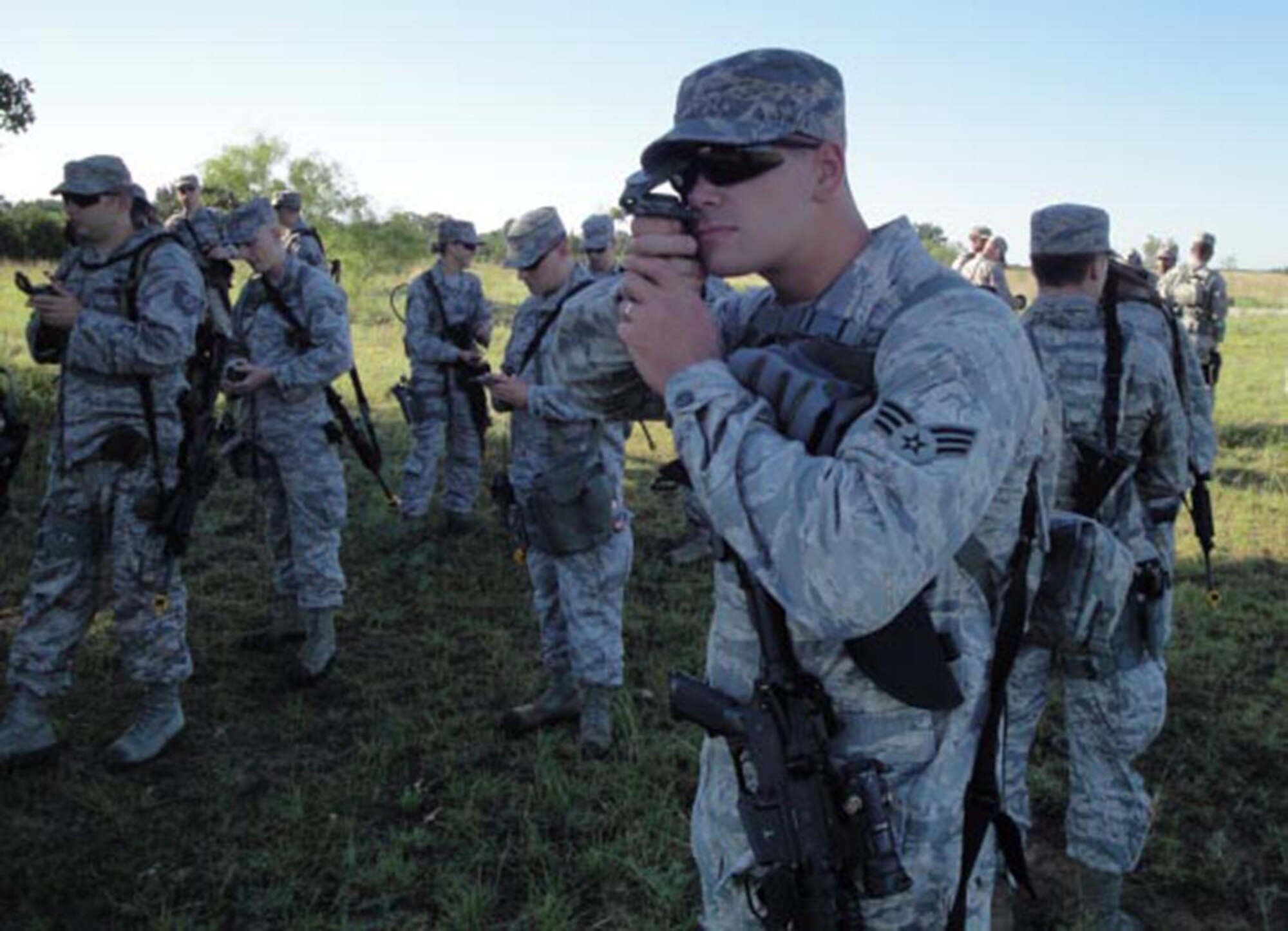 Senior Airman  Justin Watts, 446th Security Forces Squadron, Joint Base Lewis-McChord, Wash., plots his course during land navigation training at  Patriot Defender, Fort Wolters, Texas June 8-23. (Courtesy photo)