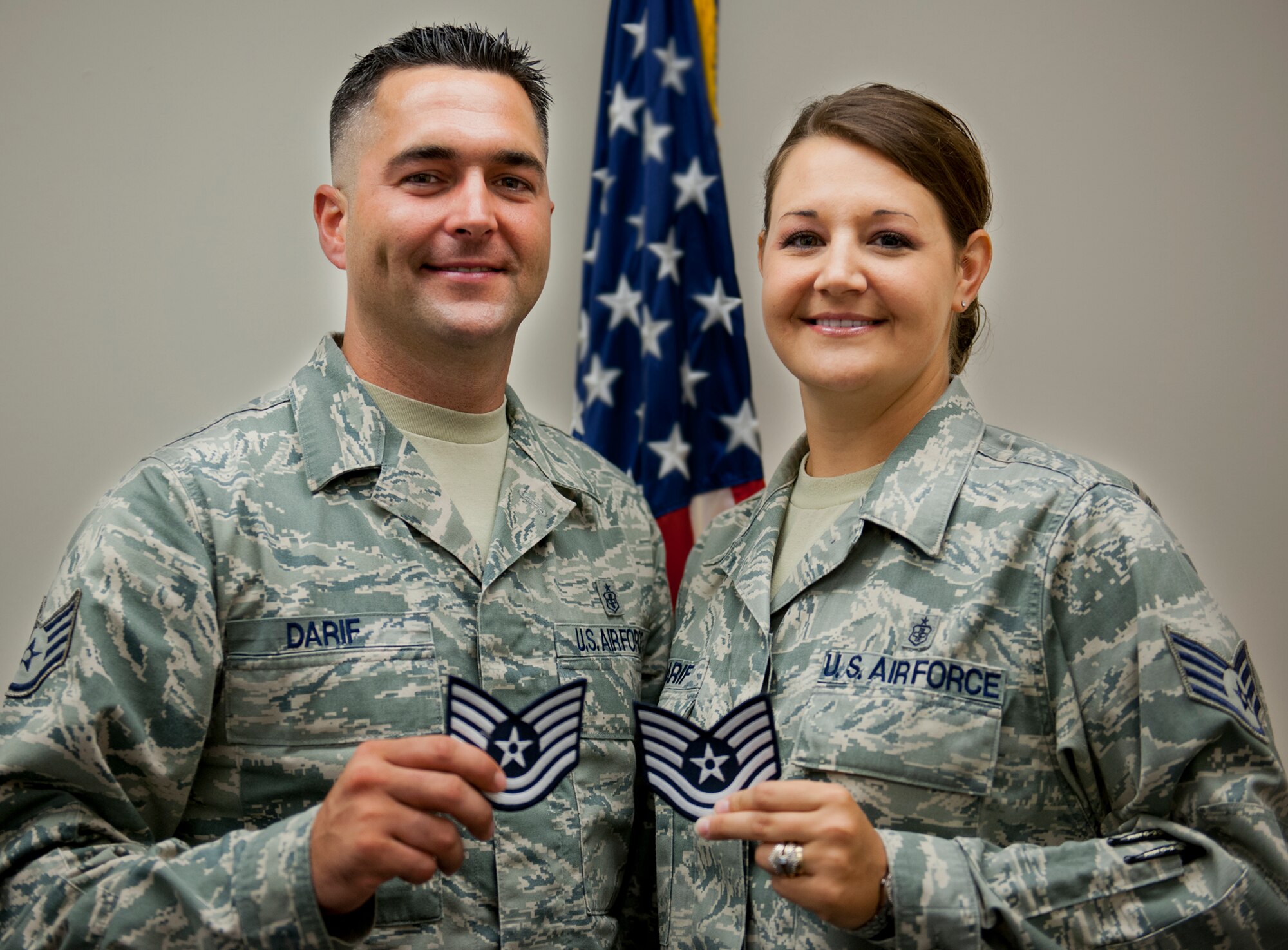 Staff Sgts. Anthony and Larrilyn Darif, with the 96th Medical Group, found out June 27 they were selected for promotion to technical sergeant.The 12-year veterans and high school sweethearts were married prior to joining the Air Force.  She will sew on first in August followed by him a month later.  (U.S. Air Force photo/Samuel King Jr.)