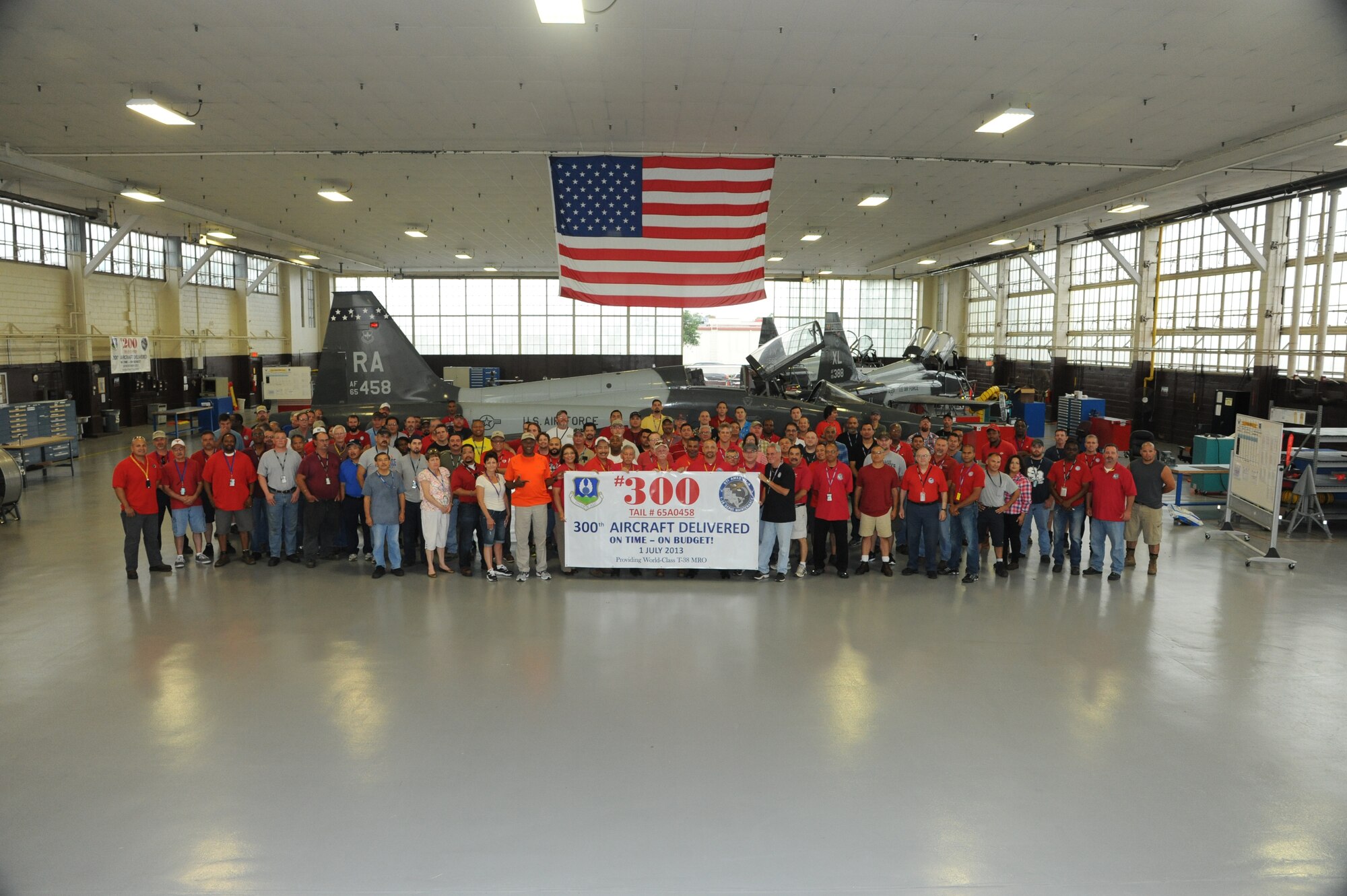 Members of the 571 Aircraft Maintenance Squadron Operating Location-Alpha celebrate the completion of their 300th T-38 Talon July 1 at Joint Base San
Antonio-Randolph. The 571 AMXS OL-A started work at JBSA-Randolph in October 2010
as a separated unit from the 309 Aircraft Maintenance Group at Hill Air
Force Base, Utah. The team is charged with maintenance, repair and overhaul
of all T-38 Talon aircraft in the Air Force inventory. (U.S. Air Force photo
by Don Lindsey)
