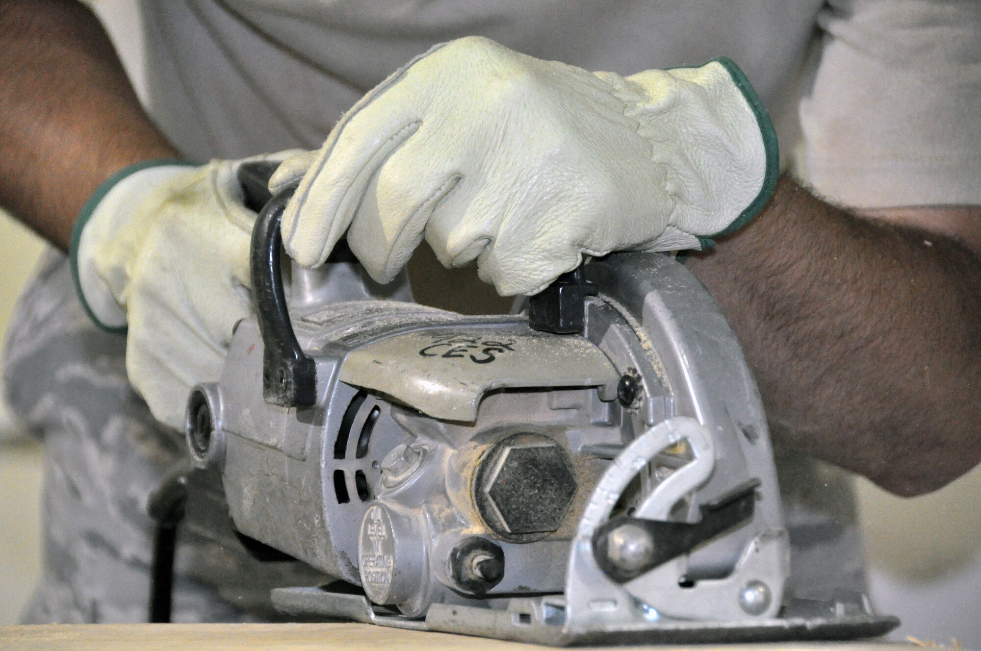 Staff Sgt. Jonathan Dillon, 442nd Civil Engineer Squadron structures technician, operates a power saw during annual tour training June 18, 2013. Members of the 442nd CES train regularly in skills they will use while deployed The 442nd CES is part of the 442nd Fighter Wing, an A-10 Thunderbolt II Air Force Reserve unit at Whiteman Air Force Base, Mo. (U.S. Air Force photo by Senior Airman Wesley Wright/Released)