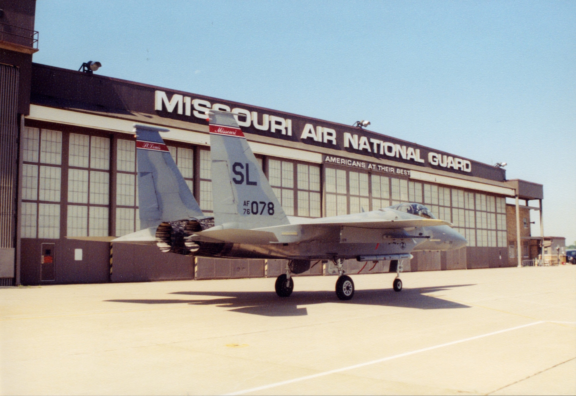 A McDonnell Douglas F-15A "Eagle" of the 131st Fighter Wing in front of Hanger 1 at Lambert Air National Guard Base, Nov 2004..(131st Bomb Wing file photo/RELEASED)  