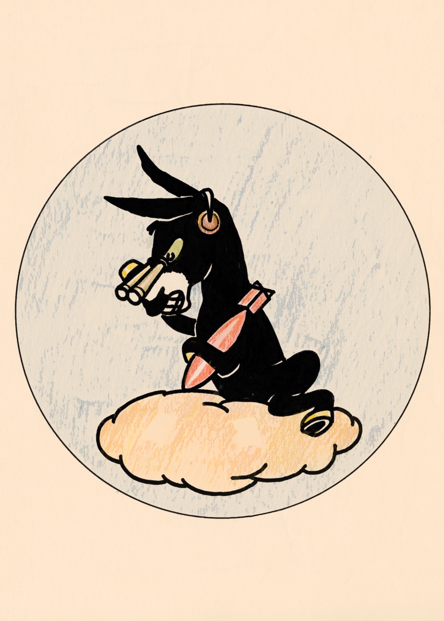 Pen and ink drawing of Banjo A Burro, the Missouri Mule mascot of the 131st Bomb Wing and 110th Bomb Squadron, circa 1950's.  (131st Bomb Wing file photo/RELEASED)
