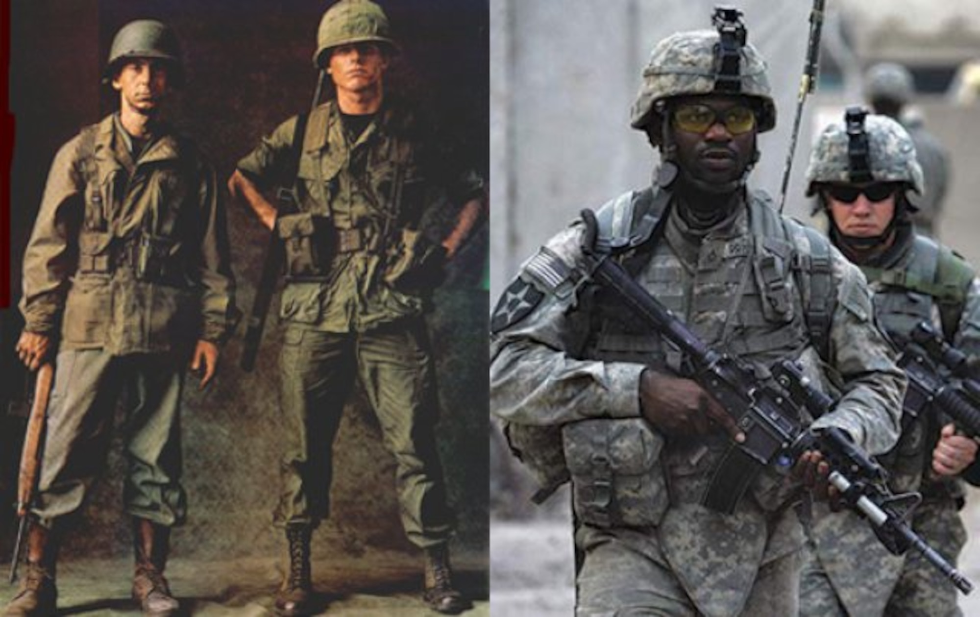 Army uniforms then and now -- from olive green shade 107 combat uniforms to gray, tan and sage ACUs. (Courtesy photos from Soldier Systems Daily and David Furst - AFP/Getty Images/Released)