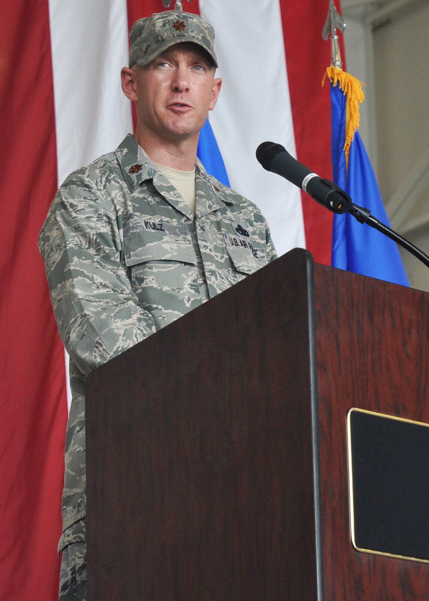 Maj. Kevin Kulz makes remarks during a ceremony that installed him as commander of the newly activated 592nd Special Operations Maintenance Squadron June 27, 2013 at Duke Field, Fla.  The new active-duty unit, part of the Air Force Special Operations Air Warfare Center, will provide maintenance support for the Duke-based C-145A Skytruck aviation foreign internal defense aircraft alongside their reservist counterparts from the 919th Maintenance Group. (U.S. Air Force photo/Dan Neely)
