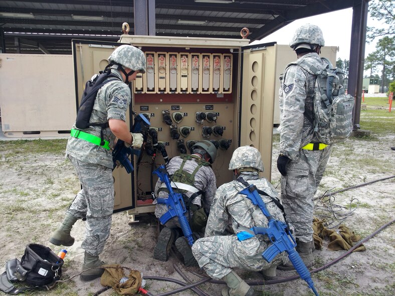 Civil engineers participating in a Silver Flag exercise at Tyndall Air Force Base, Fla., work on equipment to establish an operational bare base in a contingency environment. Twenty Nine 507th Civil Engineer Squadron Reservists “deployed” to the location in May. (U.S. Air Force Photo/Lt. Col. Patricia Pettine)   

