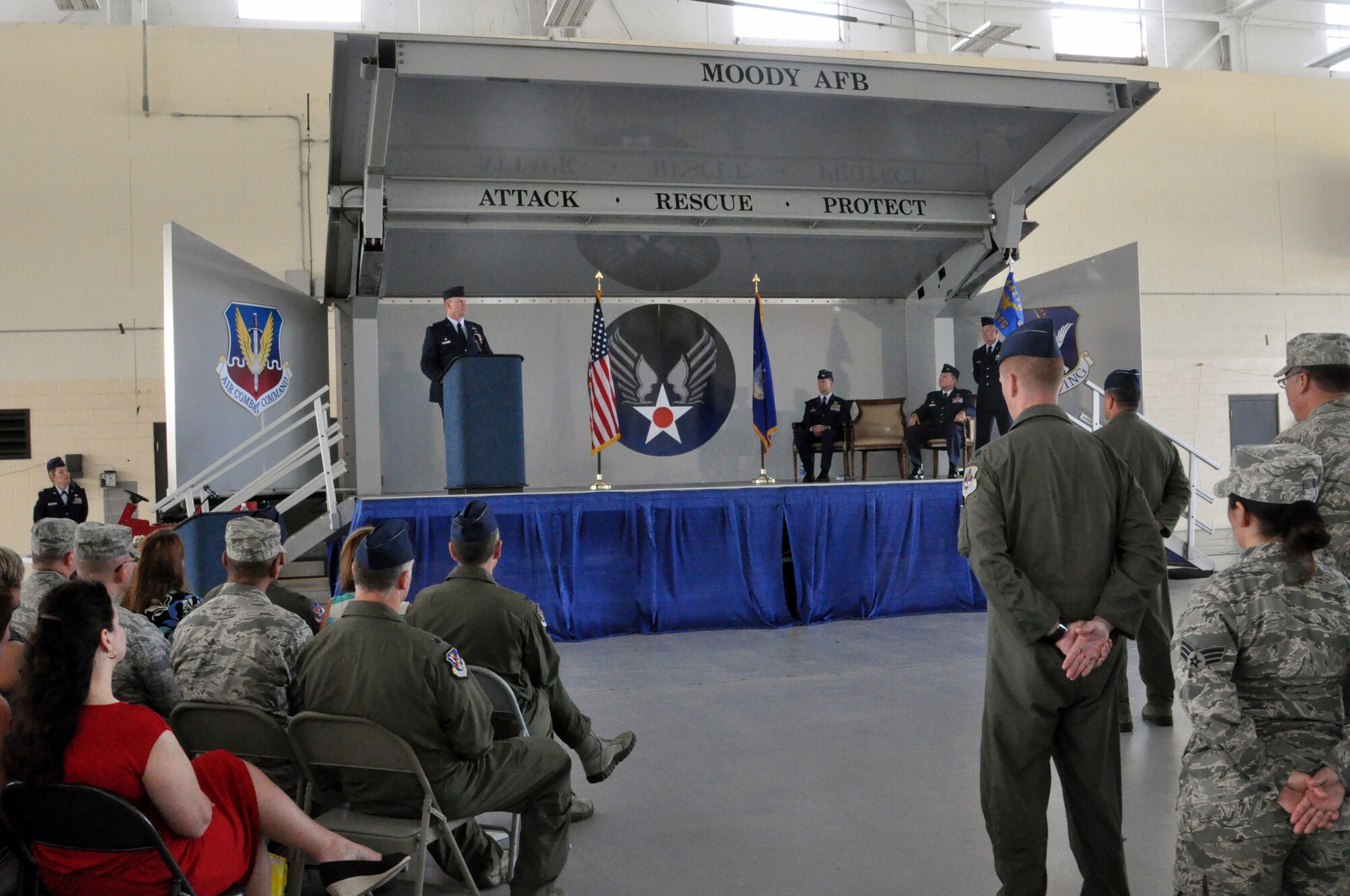 MOODY AIR FORCE BASE, Ga. -- Col. Christian Funk gives a farewell message to the 476th Fighter Group before relinquishing command in a ceremony. Funk led the group for two years before passing command to Col. James Travis, June 23, 2013. The 476th Fighter Group is a geographically separated unit of the 442nd Fighter Wing, Whiteman AFB, Mo. The 442nd Fighter Wing is an A-10 Thunderbolt II Air Force Reserve unit. (U.S. Air Force photo by Tech. Sgt. Danielle Johnston/Released)