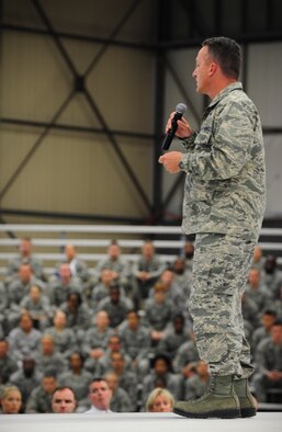 Brig. Gen. Patrick X. Mordente, 86th Airlift Wing commander, speaks to Airmen of the 86th AW during  Sexual Assault Prevention and Response stand-down  day. (U.S. Air Force photo/Airman 1st Class Hailey Haux)