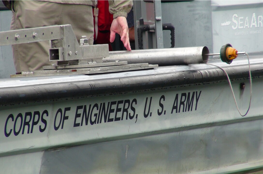 A Kemmerer water sampler rests on a survey boat at J. Percy Priest Lake in Nashville, Tenn.  Members of the U.S. Army Corps of Engineers Nashville District Water Management Section showed Stratford STEM Magnet High School teachers how to collect water samples June 17, 2013 as part of a teacher externship to help them develop project based learning curriculum.