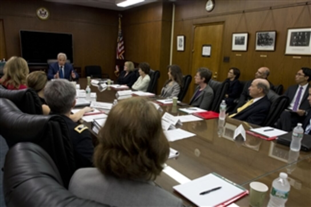 Secretary of Defense Chuck Hagel, left, meets with members of the Sexual Assault Response Systems Panel at the E. Barrett Prettyman Federal Courthouse in Washington D.C., on June 27, 2013.  Hagel told the panel members that preventing sexual assault in the military is one of his top priorities.  The panel is reviewing the department’s response systems to sexual assaults and related crimes.  