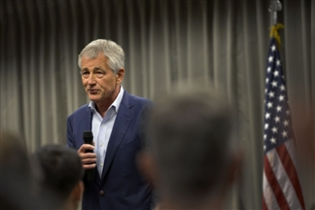 Secretary of Defense Chuck Hagel speaks to the senior leaders, service men and woman, and civilian employees of U.S. Northern Command at Peterson Air Force Base in Colorado Springs, Colo., on June 27, 2013.   