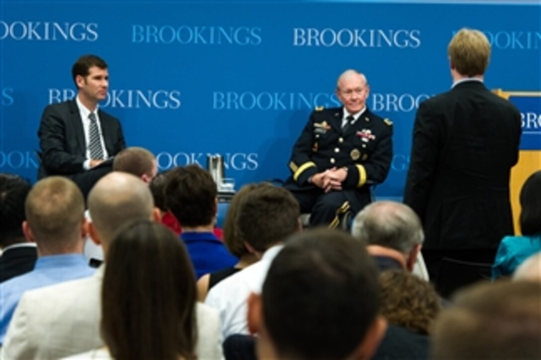 Chairman of the Joint Chiefs of Staff Gen. Martin E. Dempsey listens to a question at the Brookings Institute in Washington, D.C., on June 27, 2013.  Dempsey earlier addressed the audience on the military's role in cyber security and then took questions