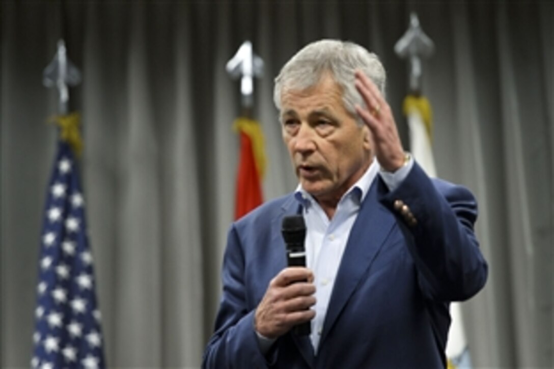 Defense Secretary Chuck Hagel addresses troops and civilian workers at U.S. Northern Command on Peterson Air Force Base in Colorado Springs, Colo., June 27, 2013.