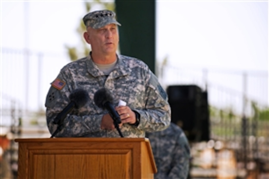 Army Chief of Staff Gen. Ray Odierno gives his remarks during a promotion ceremony for Army Col. John “J.T.” Thomson III at 4th Infantry Division headquarters on Fort Carson, Colo., June 27, 2013. 