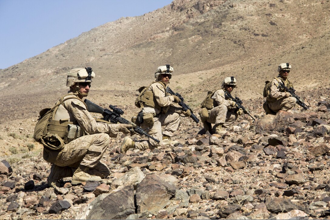 U.S. Marines assigned to Company L, Battalion Landing Team 3/2, 26th Marine Expeditionary Unit (MEU), provide security during a squad ambush exercise in Al Quweira, Jordan, during Exercise Eager Lion 2013, June 16, 2013. Exercise Eager Lion 2013 is an annual, multinational exercise designed to strengthen military-to-military relationships and enhance security and stability in the region by responding to modern-day security scenarios. The 26th MEU is deployed to the 5th Fleet area of responsibility as part of the Kearsarge Amphibious Ready Group. The 26th MEU operates continuously across the globe, providing the president and unified combatant commanders with a forward-deployed, sea-based quick reaction force. (U.S. Marine Corps photo by Lance Cpl. Juanenrique Owings, 26th MEU Combat Camera/Not Released)
