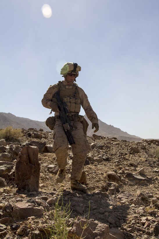 U.S. Marine Corps Lance Cpl. Angel A. Ortiz Jr., a teamleader assigned to Company L, Battalion Landing Team 3/2, 26th Marine Expeditionary Unit (MEU), from Glens Falls, N.Y., patrols during an ambush exercise in Al Quweira, Jordan, during Exercise Eager Lion 2013, June 16, 2013. Exercise Eager Lion 2013 is an annual, multinational exercise designed to strengthen military-to-military relationships and enhance security and stability in the region by responding to modern-day security scenarios. The 26th MEU is deployed to the 5th Fleet area of responsibility as part of the Kearsarge Amphibious Ready Group. The 26th MEU operates continuously across the globe, providing the president and unified combatant commanders with a forward-deployed, sea-based quick reaction force. (U.S. Marine Corps photo by Lance Cpl. Juanenrique Owings, 26th MEU Combat Camera/Not Released)