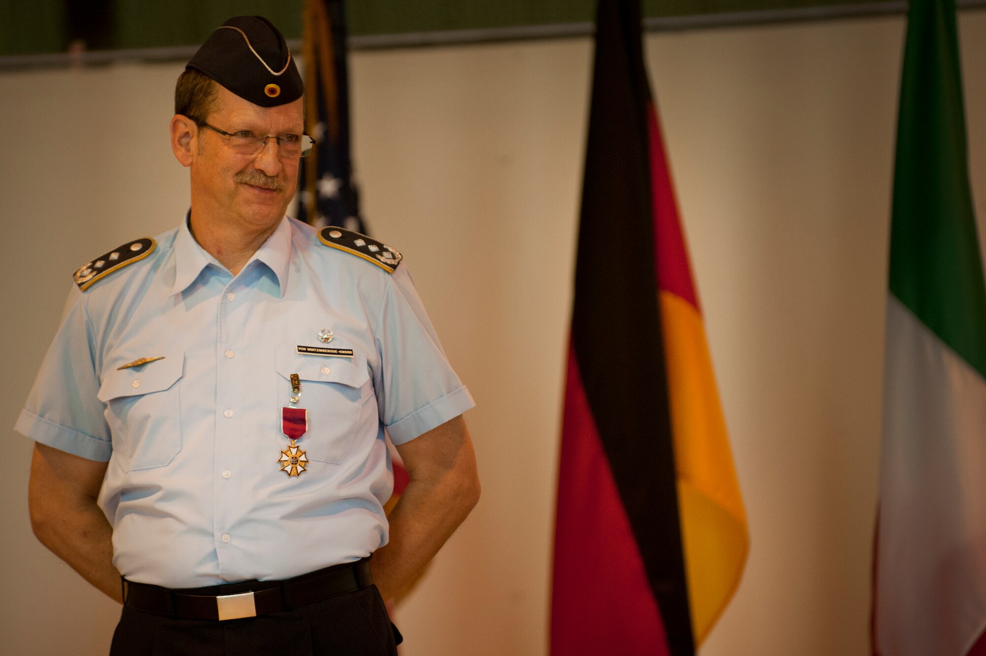 German Air Force Col. Eberhard von Wintzingerode-Knorr relinquished command of the 80th Operations Group to Italian Air Force Col. Paolo Baldasso in a ceremony at Sheppard Air Force Base June 28. Wintzingerode-Knorr was awarded the Legion of Merit for leading the group for three years. (U.S. Air Force photo/Staff Sgt. Mike Meares/Released)