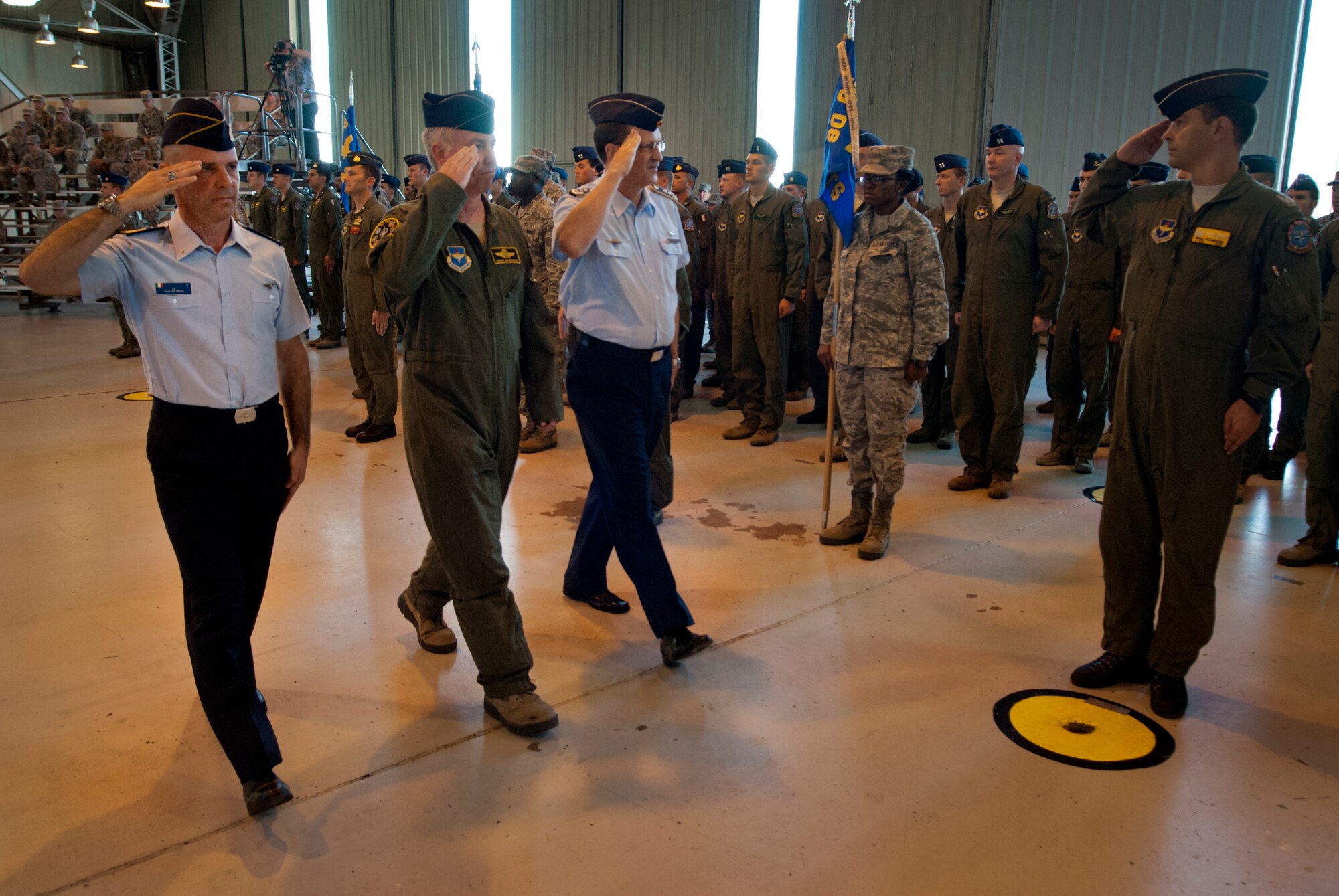 Italian Air Force Col. Paolo Baldasso, U.S. Air Force Col. Lance R. Bunch during and German Air Force Col. Eberhard von Wintzingerode-Knorr inspect the 80th Flying Training Wing during a change of command ceremony at Sheppard Air Force Base June 28. Baldasso is the first Italian Airman to ever command the group as the Germans have held that position for 33 years. (U.S. Air Force photo/Staff Sgt. Mike Meares/Released)