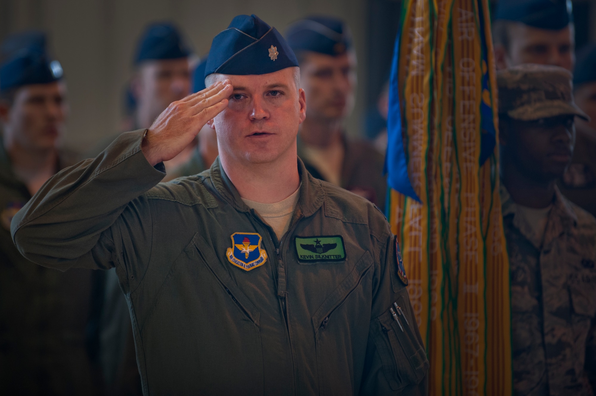 Lt. Col. Kevin Silknetter salutes during the 80th Operations Group change of command ceremony at Sheppard Air Force Base, Texas, June 28. German Air Force Col. Eberhard von Wintzingerode-Knorr relinquished command of the 80th OG to Italian Air Force Col. Paolo Baldasso in a ceremony. Col. Lance R. Bunch, 80th Flying Training Wing  presided over the ceremony. (U.S. Air Force photo/Staff Sgt. Mike Meares/Released)