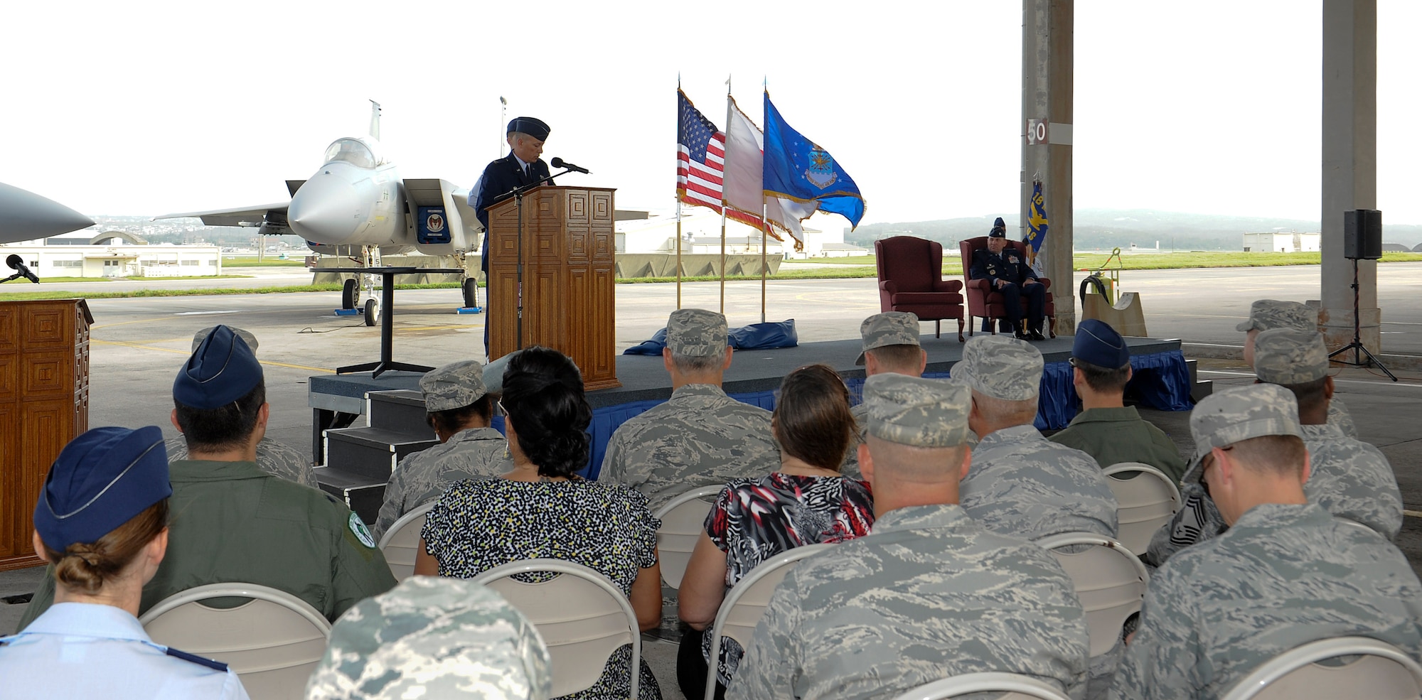 U.S. Air Force Col. Brian Beers, 18th Maintenance Group commander, talks about the history and accomplishments of the 18th Maintenance Operations Squadron during an inactivation ceremony on Kadena Air Base, Japan, June 27, 2013. The 18th MOS resided under the logistics group before it was re-designated in 1991. The squadron was reactivated Oct. 1, 1991. (U.S. Air Force photo by Airman 1st Class Malia Jenkins/Released)  