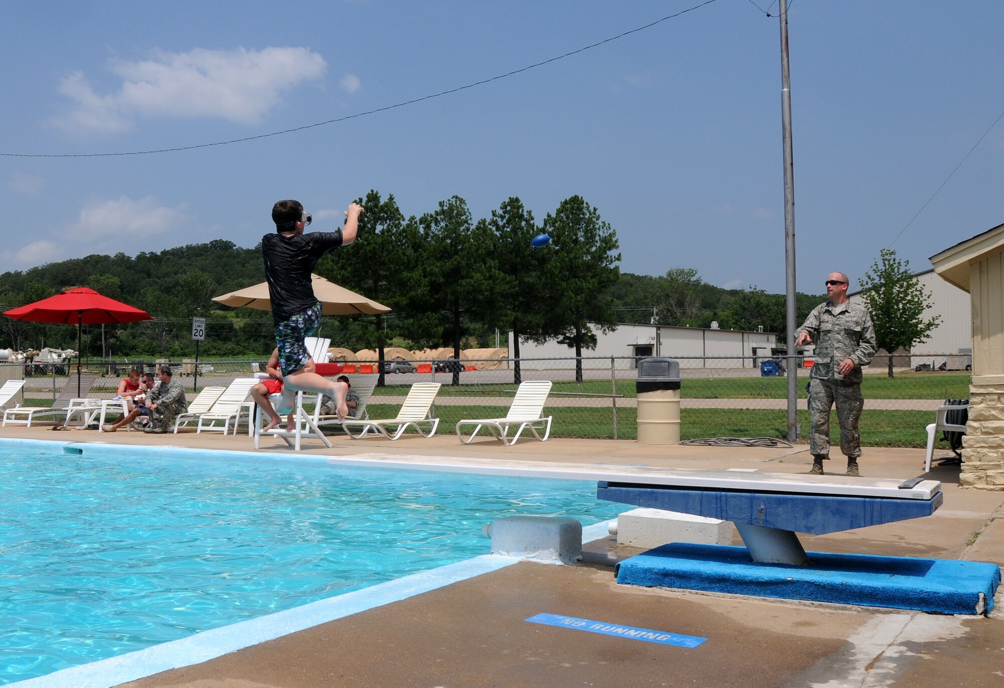 The 188th Fighter Wing’s base swimming pool has been around more than most of its members have been alive. One of the first original construction projects at Ebbing Air National Base in Fort Smith, Ark., the 188th’s base pool had fallen on hard times recently and required more than $25,000 in repairs and upgrades in order to meet the necessary requirements to re-open. Thanks to Master Sgt. Mark Allen, 188th base pool committee president, along with several dedicated, hard-working volunteers, the 188th’s pool is now up and running. The 188th held a ribbon cutting June 20 to officially open the pool. The ribbon cutting was followed by a wing luncheon, which fostered camaraderie throughout the unit. (U.S. Air National Guard photo by Senior Airman John Hillier/188th Fighter Wing Public Affairs)