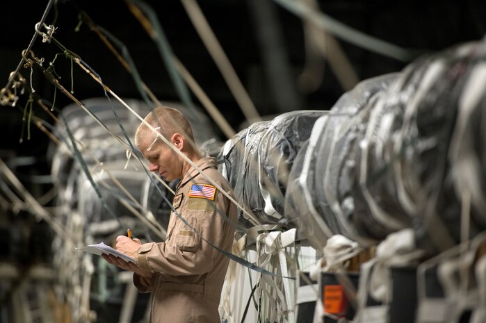 Staff Sgt. Tim Jaskot, 816th Expeditionary Airlift Squadron loadmaster, inspects weight and balance for an airdrop at Kandahar Airfield, Afghanistan, June 27, 2013. The C-17A Globemaster III crew performed two airdrops in the remote regions of Kandahar province. Jaskot hails from Wintergarden, Fla., and is deployed from Joint Base Charleston, S.C. (U.S. Air Force Photo/Master Sgt. Ben Bloker)