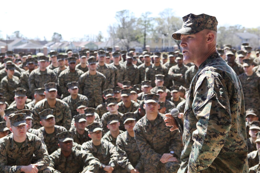 Sgt. Maj. Micheal P. Barrett, the 17th Sergeant Major of the Marine Corps, visits Marine Corps Support Facility, New Orleans, La., Feb. 26, 2013. (U.S. Marine Corps photo by Cpl. Tia Dufour)