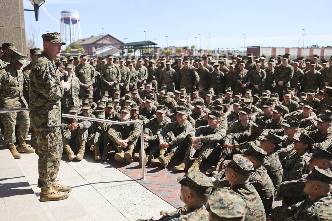 Sgt. Maj. Micheal P. Barrett, the 17th Sergeant Major of the Marine Corps, visits Marine Corps Support Facility, New Orleans, La., Feb. 26, 2013. (U.S. Marine Corps photo by Cpl. Tia Dufour)