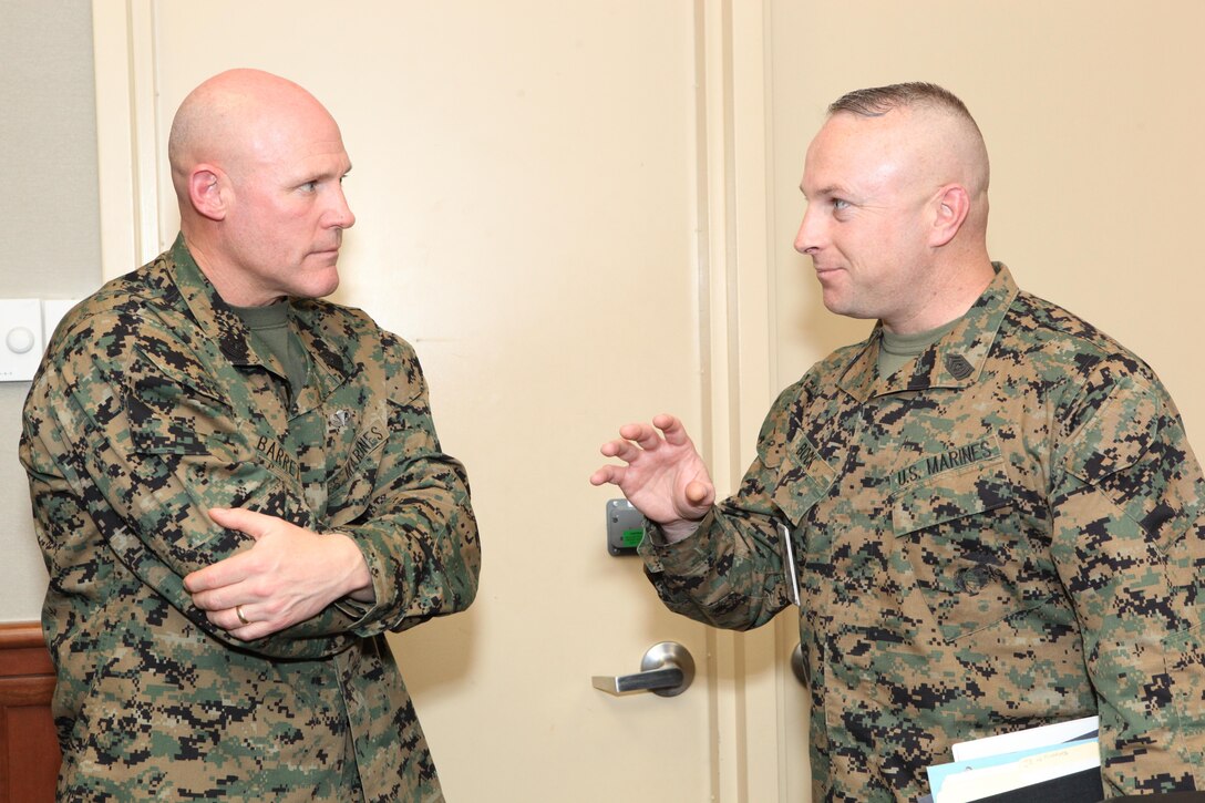 Sgt. Maj. Micheal P. Barrett, the 17th Sergeant Major of the Marine Corps, visits Marine Corps Support Facility, New Orleans, La., Feb. 26, 2013. (U.S. Marine Corps photo by Cpl. Tia Dufour)