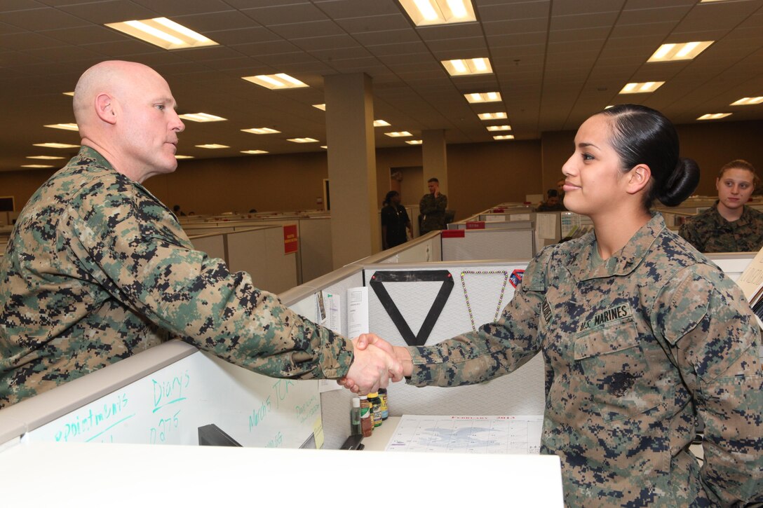 Sgt. Maj. Micheal P. Barrett, the 17th Sergeant Major of the Marine Corps, visits Marine Corps Support Facility, New Orleans, La., Feb. 26, 2013. (U.S. Marine Corps photo by Cpl. Tia Dufour)