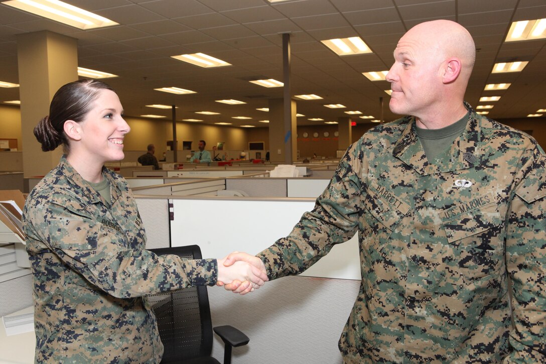 Sgt. Maj. Micheal P. Barrett, the 17th Sergeant Major of the Marine Corps, visits Marine Corps Support Facility, New Orleans, La., Feb. 26, 2013. (U.S. Marine Corps photo by Cpl. Tia Dufour)