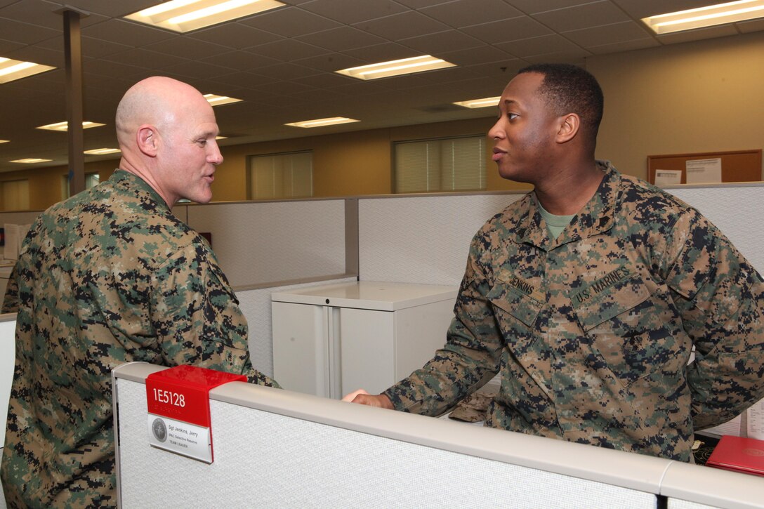 Sgt. Maj. Micheal P. Barrett, the 17th Sergeant Major of the Marine Corps, visits Marine Corps Support Facility, New Orleans, La., Feb. 26, 2013. (U.S. Marine Corps photo by Cpl. Tia Dufour)