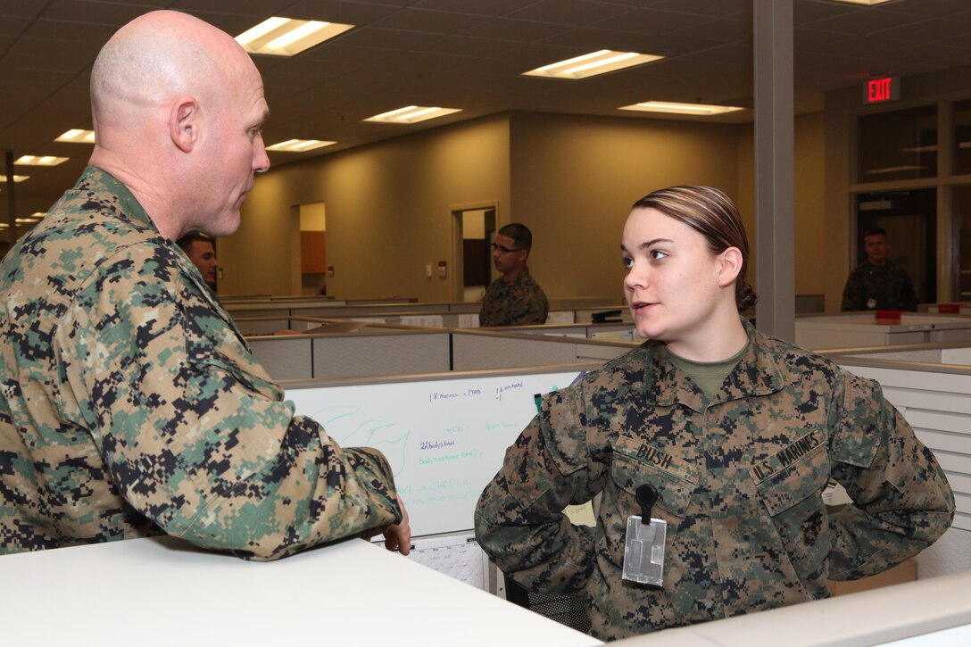 Sgt. Maj. Micheal P. Barrett, the 17th Sergeant Major of the Marine Corps, visits Marine Corps Support Facility, New Orleans, La., Feb. 26, 2013. (U.S. Marine Corps photo by Cpl. Tia Dufour)