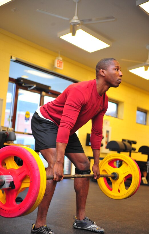 Staff Sgt. Herman Baker, a recruiter for RS Frederick, concentrates on his lifting technique at the High Intensity Tactical Training center on Feb. 28.
