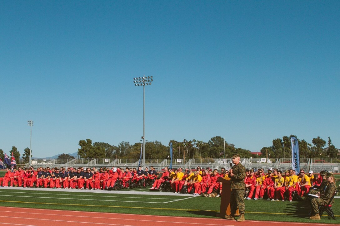 CAMP PENDLETON, Calif. (February 28, 2013) - Colonel Willard A. Buhl, Commanding Officer of the Wounded Warrior Regiment, delivers a speech during the opening ceremonies of the 2013 Marine Corps Trials. Marines from the Wounded Warrior Regiment, in addition to veterans and allies, are competing in the Trials, which include swimming, wheelchair basketball, sitting volleyball, track and field, archery, cycling and shooting. The top 50 performing Marines will earn the opportunity to compete on the All-Marine Warrior Games Team in Colorado Springs, Colo., in May. during the opening ceremonies of the 2013 Marine Corps Trials. Marines from the Wounded Warrior Regiment, in addition to veterans and allies, are competing in the Trials, which include swimming, wheelchair basketball, sitting volleyball, track and field, archery, cycling and shooting. The top 50 performing Marines will earn the opportunity to compete on the All-Marine Warrior Games Team in Colorado Springs, Colo., in May.