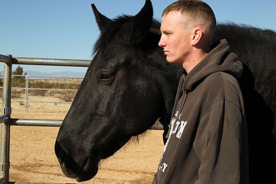 Cpl. Stephen Kirkwook III, Wounded Warrior Battalion West, is part of the Horsemanship Program held at the Jack Auchterlonie Memorial Equine Sanctuary. The horse he cares for, Lady Justice, served 10 years at Vandenburn Air Force Base before developing white line disease and was placed at JAMES.