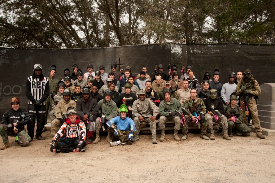 Members of Hurlburt Field and the 7th Special Forces Group participate in an afternoon of free paintball at Hurlburt Field, Fla., March 1, 2013.  The event encouraged camaraderie amongst participants from both branches of the military. (U.S. Air Force Photo/Airman 1st Class Naomi M. Griego)
