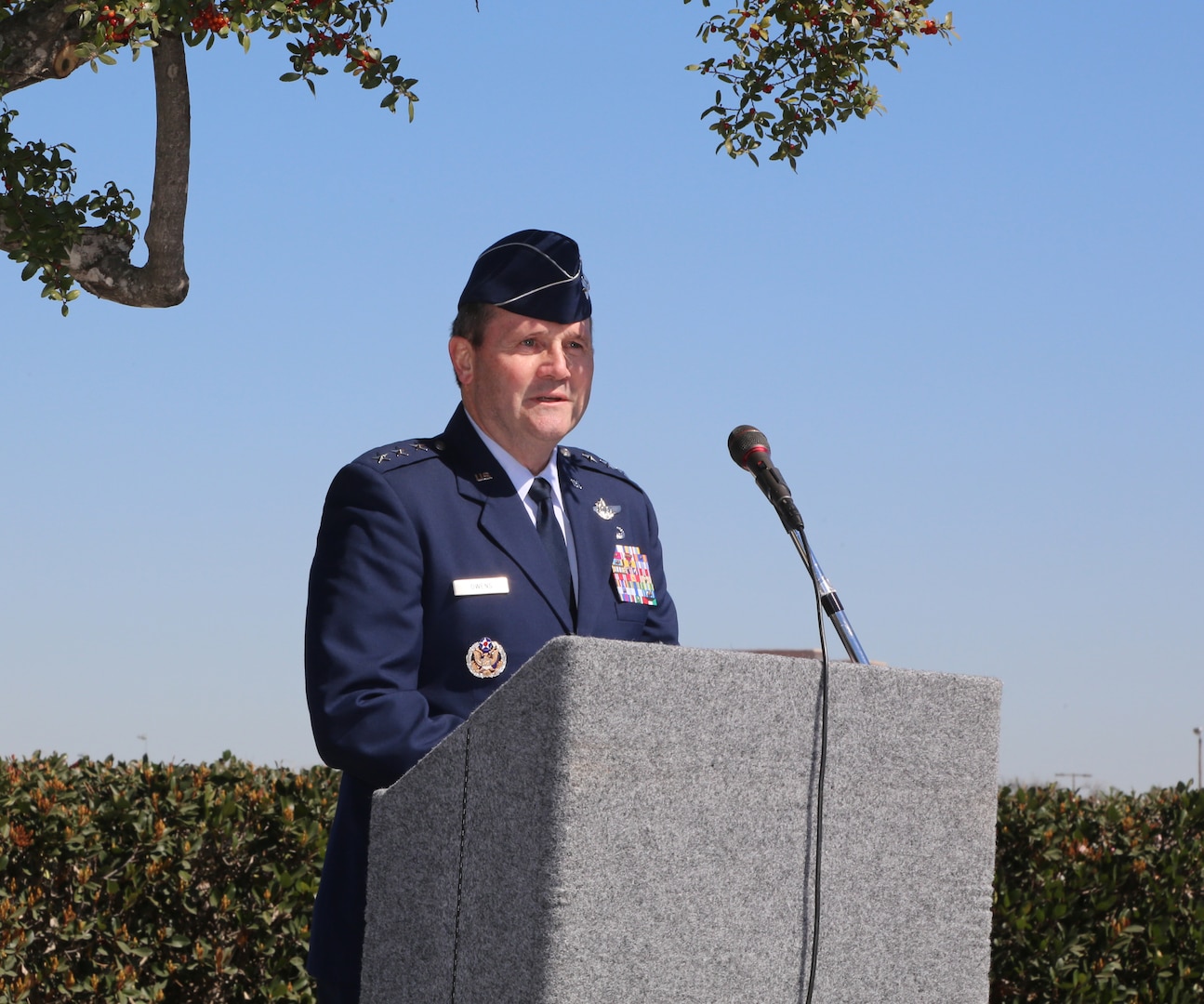 Lt. Gen. Douglas H. Owens, Air Education and Training command vice commander, was the keynote speaker for the annual ceremony that commemorates the first military flight. Hosted by the Order of Daedalians Stinsons Flight No. 2 since 1978, the event was held at Joint Base San Antonio-Fort Sam Houston parade grounds March 1.  Flown by Lt. Benjamin Foulois March 2, 1910, the flight took place over the parade grounds at JBSA-Fort Sam Houston. Lieutenant Foulois' orders were to "teach himself to fly" in the only military aeroplane in existence at that time. His first flight lasted seven and one-half minutes and he flew the Wright "B" Flyer to 100 feet before landing.  (U.S. Air Force photo by Rich McFadden)