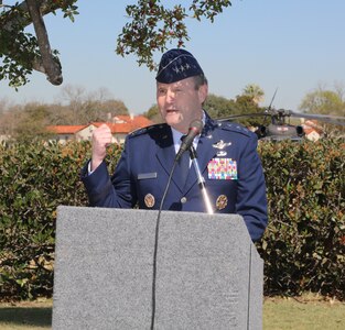 Lt. Gen. Douglas H. Owens, Air Education and Training command vice commander, was the keynote speaker for the annual ceremony that commemorates the first military flight. Hosted by the Order of Daedalians Stinsons Flight No. 2 since 1978, the event was held at Joint Base San Antonio-Fort Sam Houston parade grounds March 1.  Flown by Lt. Benjamin Foulois March 2, 1910, the flight took place over the parade grounds at JBSA-Fort Sam Houston. Lieutenant Foulois' orders were to "teach himself to fly" in the only military aeroplane in existence at that time. His first flight lasted seven and one-half minutes and he flew the Wright "B" Flyer to 100 feet before landing.  (U.S. Air Force photo by Rich McFadden)
