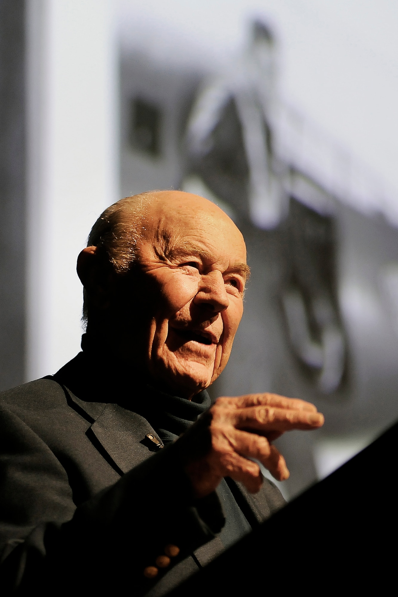 Retired Brig. Gen. Chuck Yeager speaks at the Air Force Academy's National Character and Leadership Symposium Feb. 22, 2013. Yeager, the first person to break the sound barrier, served in the Army Air Corps for six years and in the Air Force for 28 more. (U.S. Air Force photo/Mike Kaplan)