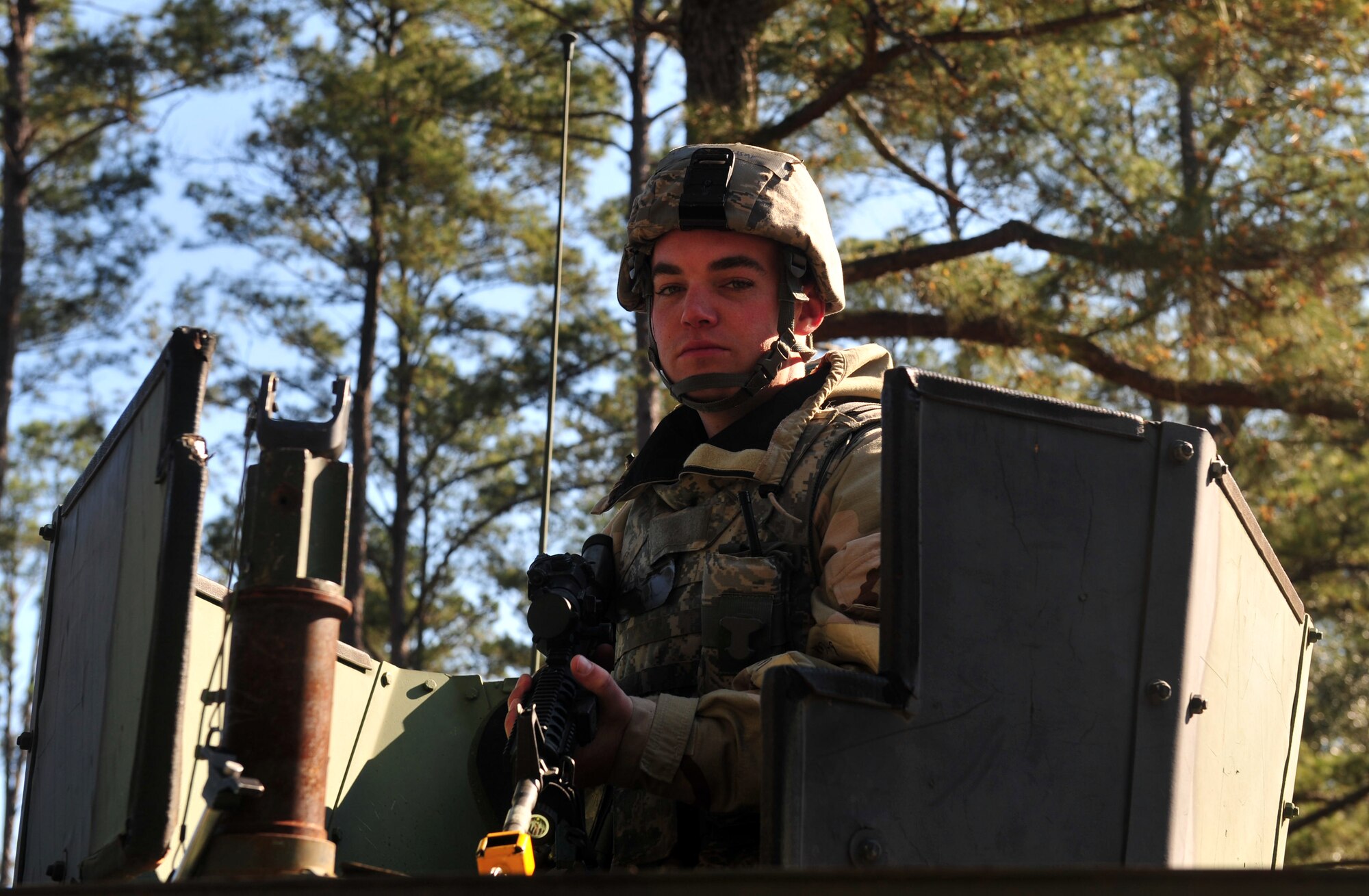 U.S. Air Force Senior Airman Matthew Reynolds, a security forces augmentee from the 23d Civil Engineer Squadron, mans the entry control point during an operational readiness exercise at Moody Air Force Base, Ga., Feb. 28, 2013. The 23d CES has a 14-man security forces team for the exercise. (U.S. Air Force photo by Airman 1st Class Olivia Bumpers/Released)