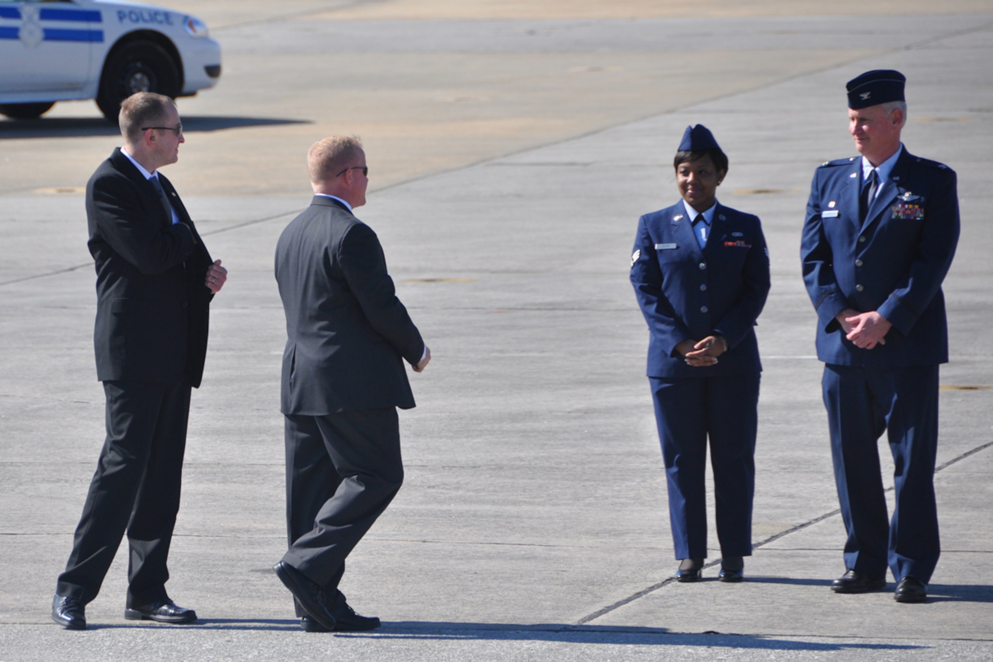 White House staff members meet with Col. Steven R. Clayton, 94th Operations Group commander and Senior Airman Tumyra D. Byron, knowledge management specialist, after greeting the President Barack Obama during his visit to Dobbins Air Reserve Base, Feb. 14. The president was en-route to the City of Decatur Recreation Center to discuss proposals outlined in his recent state of the union address. (U.S.Air Force photo/James Branch)