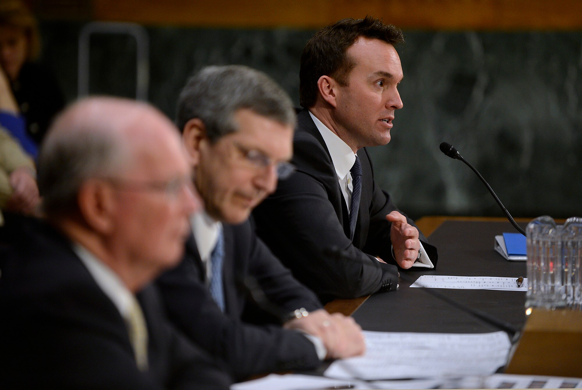 Eric Fanning, deputy under secretary of the Navy, testifies before the Senate Armed Services Committee in Washington, D.C., Feb. 28, 2013, as part of the confirmation process to serve as the under secretary of the Air Force. If confirmed, Fanning will replace Dr. Jamie Morin, who has been the Air Force’s acting under secretary since July 3, 2012.  Additional witnesses before the committee were Alan Estevez, who is nominated to be the principal deputy under secretary of defense for acquisition, technology and logistics; and Frederick Vollrath, who is nominated to be the assistant secretary of defense for readiness and force management. (U.S. Air Force photo/Scott M. Ash)