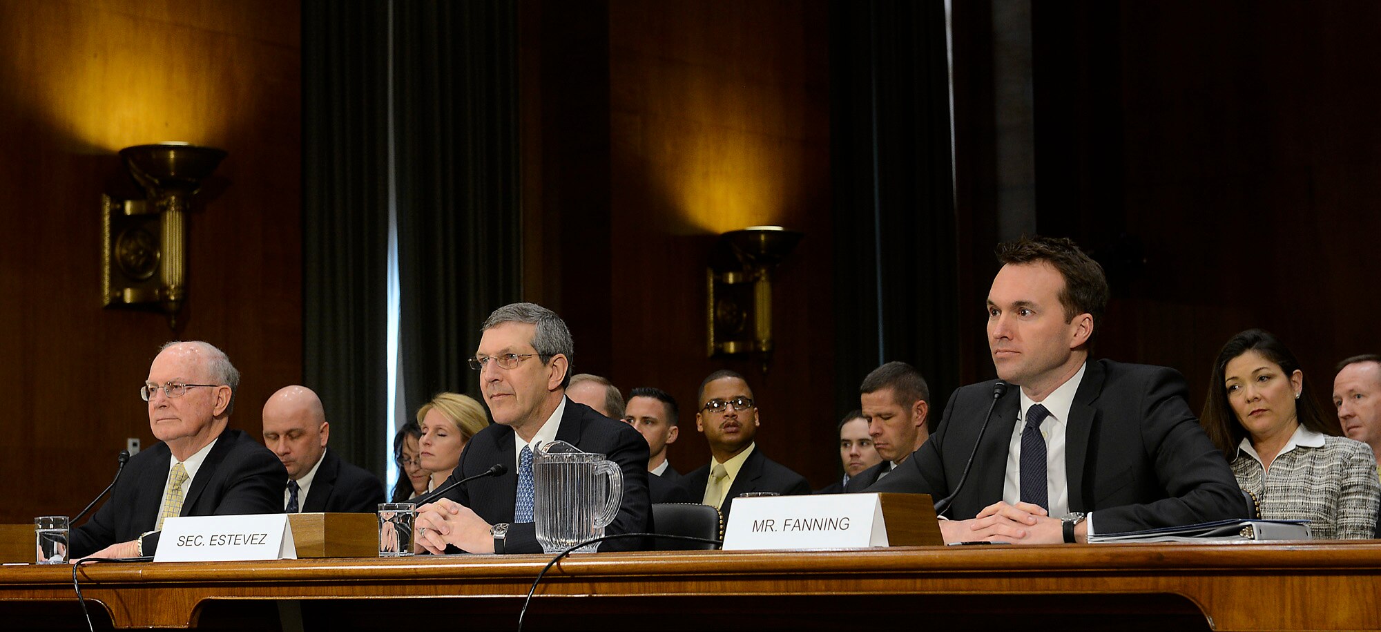 Eric Fanning (right), deputy under secretary of the Navy, prepares to testify before the Senate Armed Services Committee in Washington, D.C., Feb. 28, 2013, as part of the confirmation process to serve as the under secretary of the Air Force. If confirmed, Fanning will replace Dr. Jamie Morin, who has been the Air Force’s acting under secretary since July 3, 2012.  Additional witnesses before the committee were Alan Estevez, who is nominated to be the principal deputy under secretary of defense for acquisition, technology and logistics; and Frederick Vollrath, who is nominated to be the assistant secretary of defense for readiness and force management. (U.S. Air Force photo/Scott M. Ash)