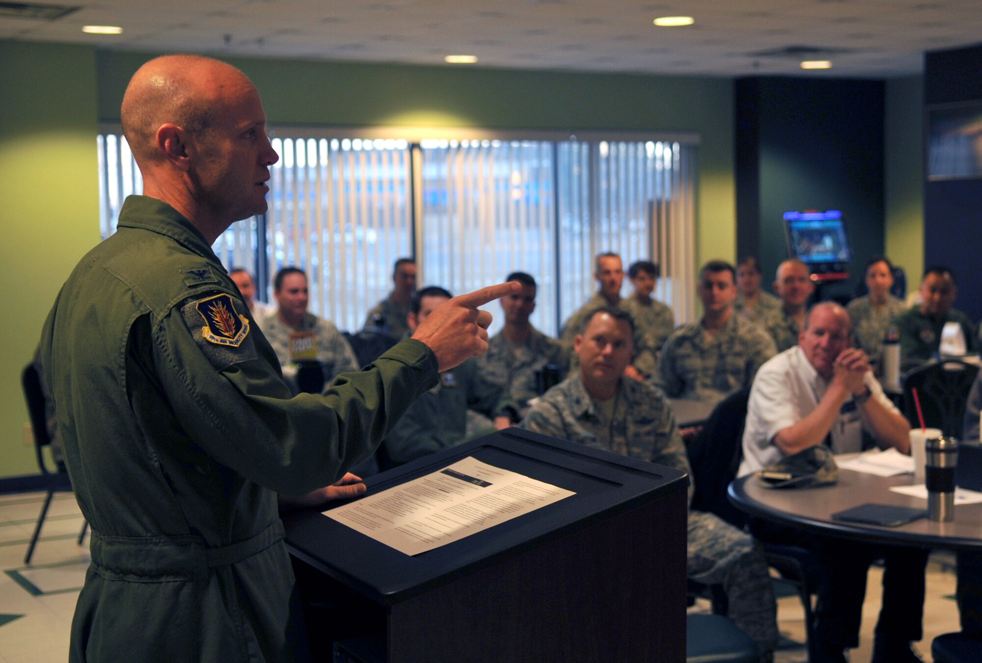 ALTUS AIR FORCE BASE, Okla. – Col. Anthony Krawietz, 97th Air Mobility Wing commander, speaks to base leaders inside the Galaxy Grill Feb. 28, about the importance of their roles as representatives for the Air Force Assistance Fund. The AFAF is currently the only Air Force sponsored fundraiser that is designed to help fellow Airmen and family members in need. (U.S. Air Force photo by Senior Airman Dillon Davis/Released)