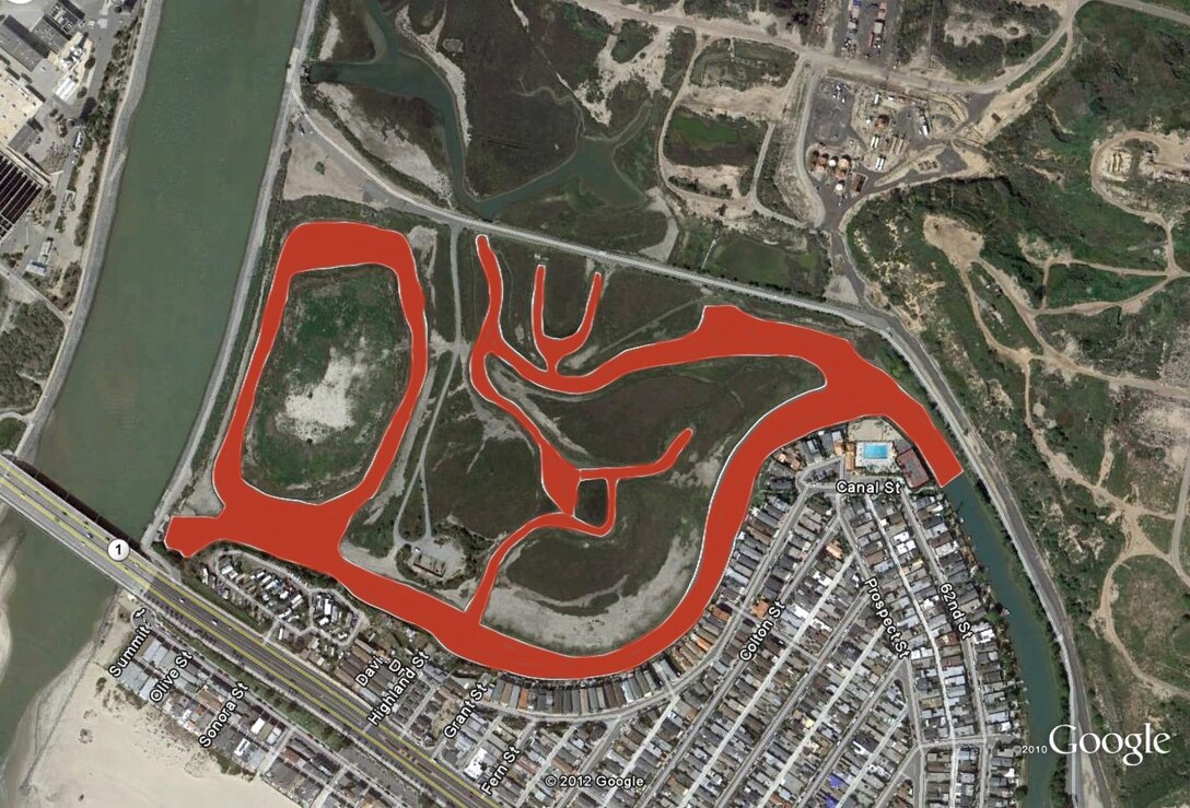 This graphic shows the channels within the Santa Ana River marsh where contractor CJW will remove nearly 73,000 cubic yards of material to restore channel depth, tidal flow and improve water quality.